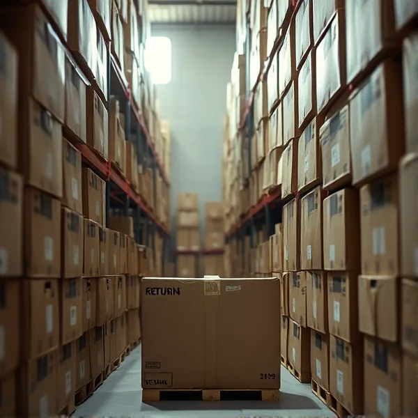 Warehouse aisle stacked with return boxes